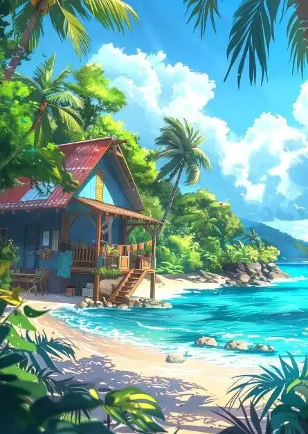 ’Blue Beach Cabin Forest Canvas Wall Art’ - P6 / 40x60cm No Frame - Posters