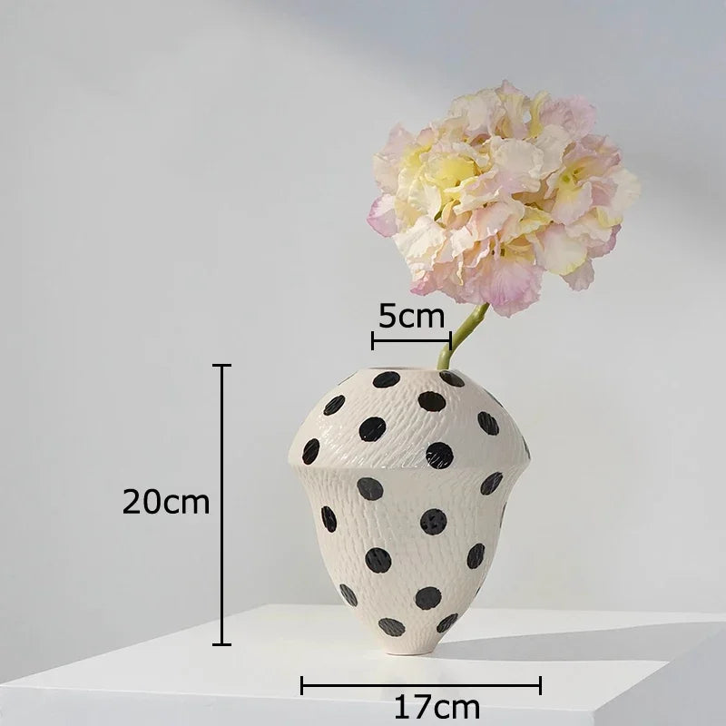 DecorBites™ Black Polka Dot Ceramic Vase for Table Flower Arrangement and Room Decor