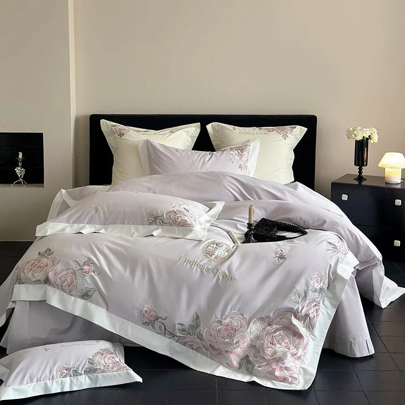 DecorBites™ 4-Piece Pink Purple Flowers Embroidery Bedding Set in 1000TC Egyptian Cotton