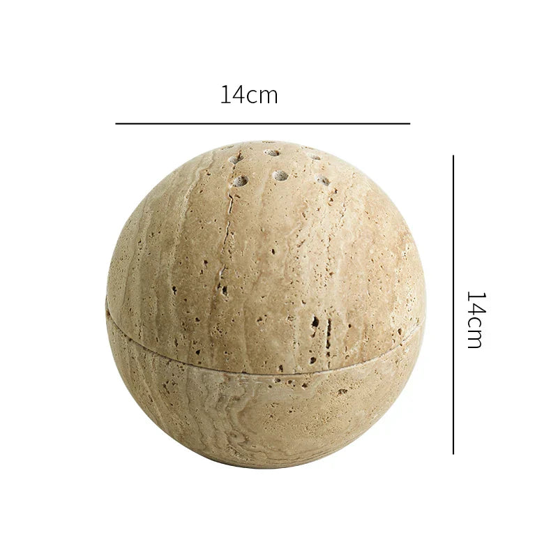 DecorBites™ Beige Travertine Marble 9-Hole Sphere Incense Burner Burner Wood Plate Holder