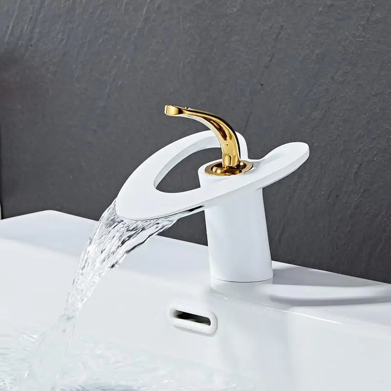DecorBites™ Golden/White Basin Faucet: Black Brass Waterfall Sink Mixer Tap, Hot & Cold.