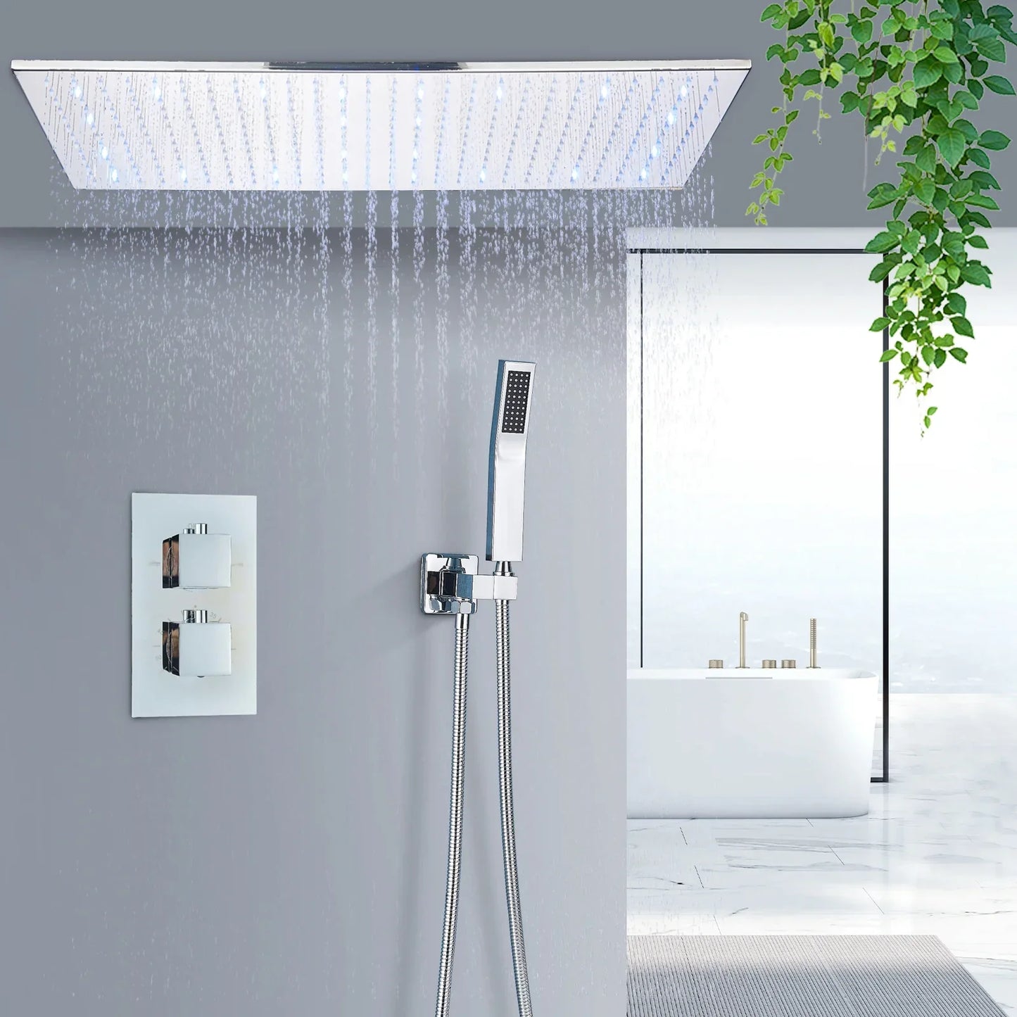 DecorBites™ Brushed Gold LED Thermostatic Shower Faucet Set with Ceiling Rainfall Shower Head