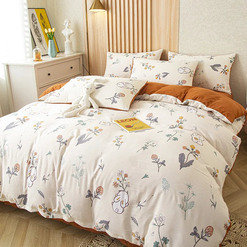 DecorBites™ Green Leaf Print Bedding Set: Duvet Cover, Flat Sheet & Pillowcase - Single Queen Size