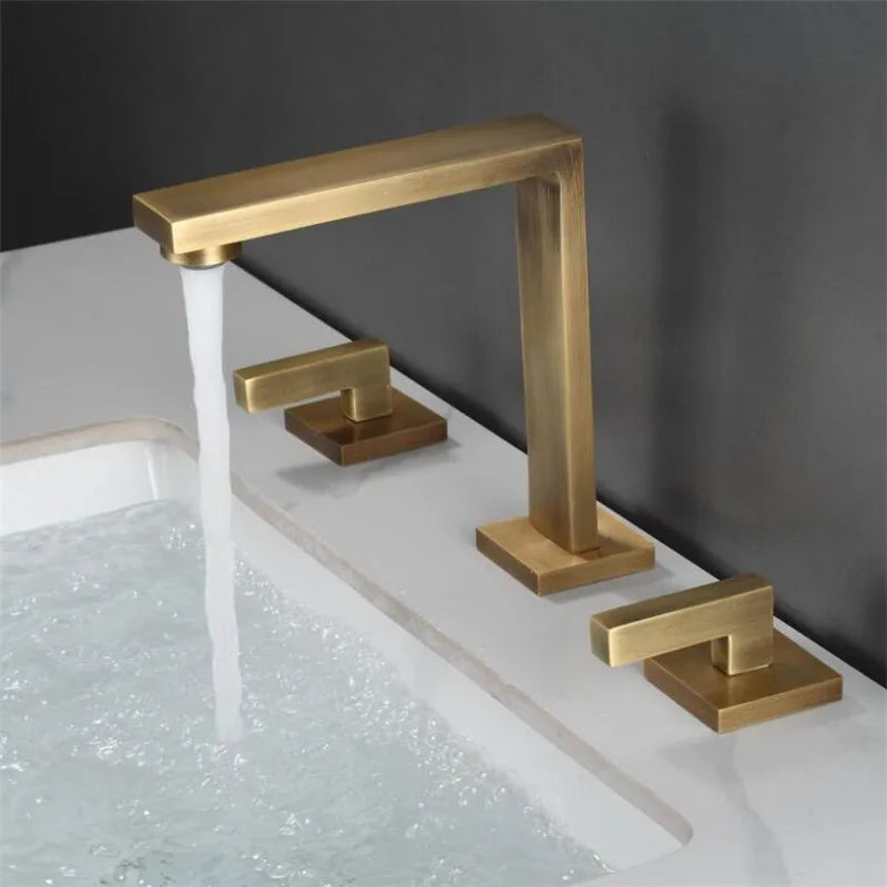 DecorBites™ Brushed Gold Basin Faucet: Brass Antique Sink Faucet, 3 Hole Waterfall Bathroom Tap
