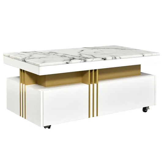 VIDEO Provided ON-TREND Contemporary Coffee Table With Faux Marble Top, Rectangle Cocktail Table With Caster Wheels, Moderate Luxury Center Table With Gold Metal Bars For Living Room, White