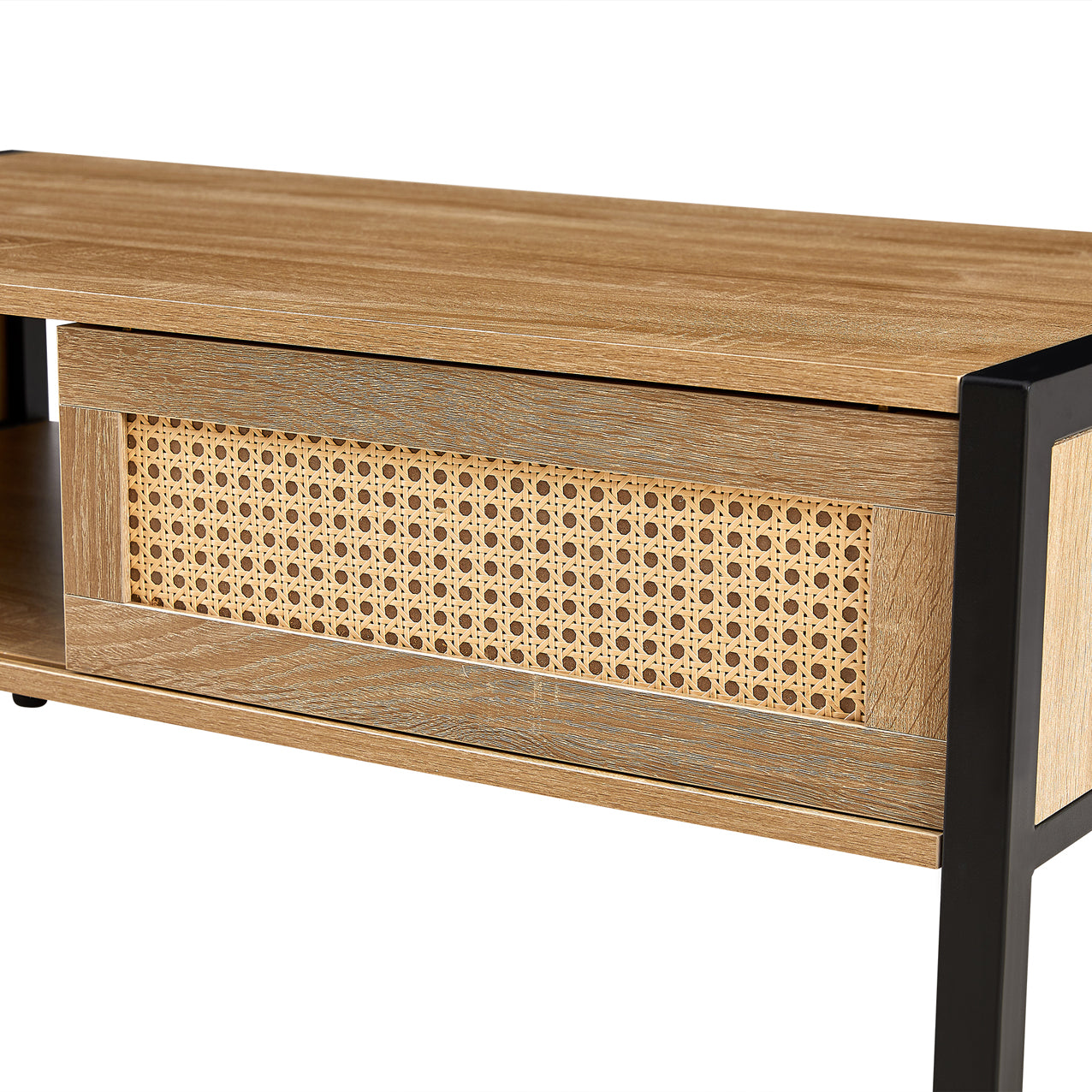 Rattan Coffee Table Metal Legs Modern Table Sliding Door For Storage