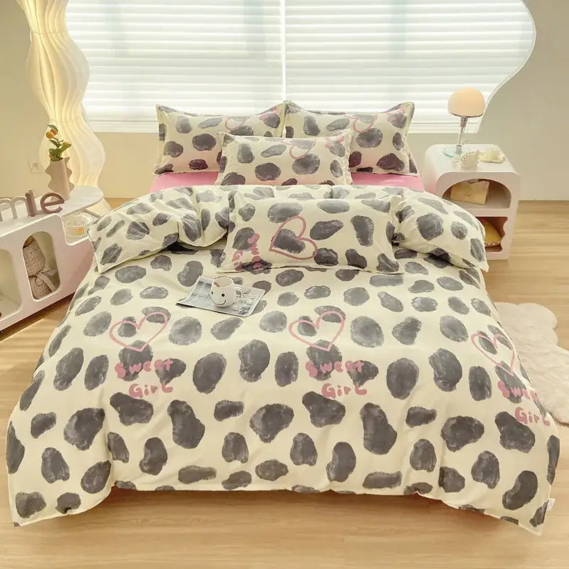 Cream-colored duvet cover with gray leopard print and pink sweet girl text from decorbites cute pattern duvet set