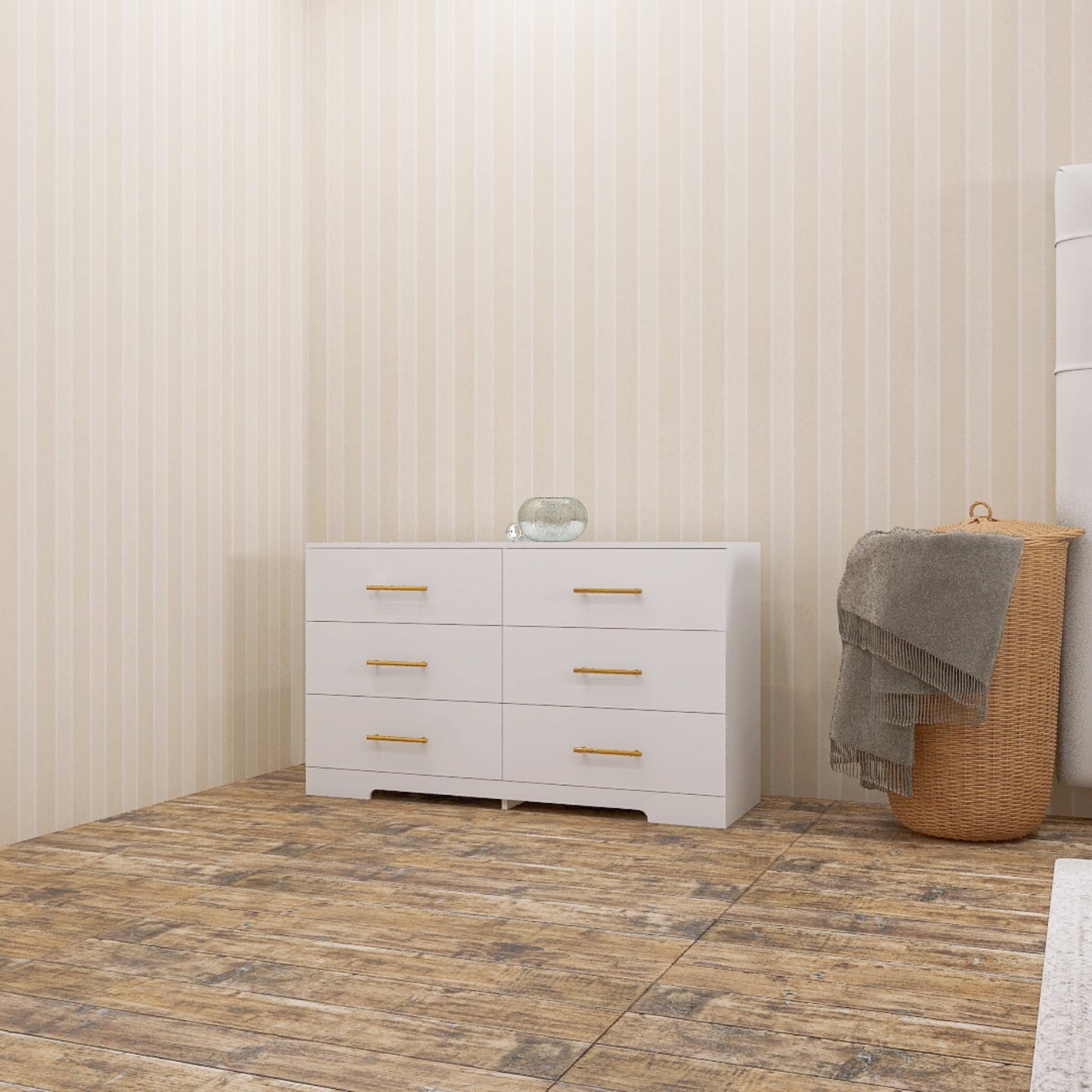 White Color Large 6 Drawers Chest Of Drawer Dressers Table With Golden Handle