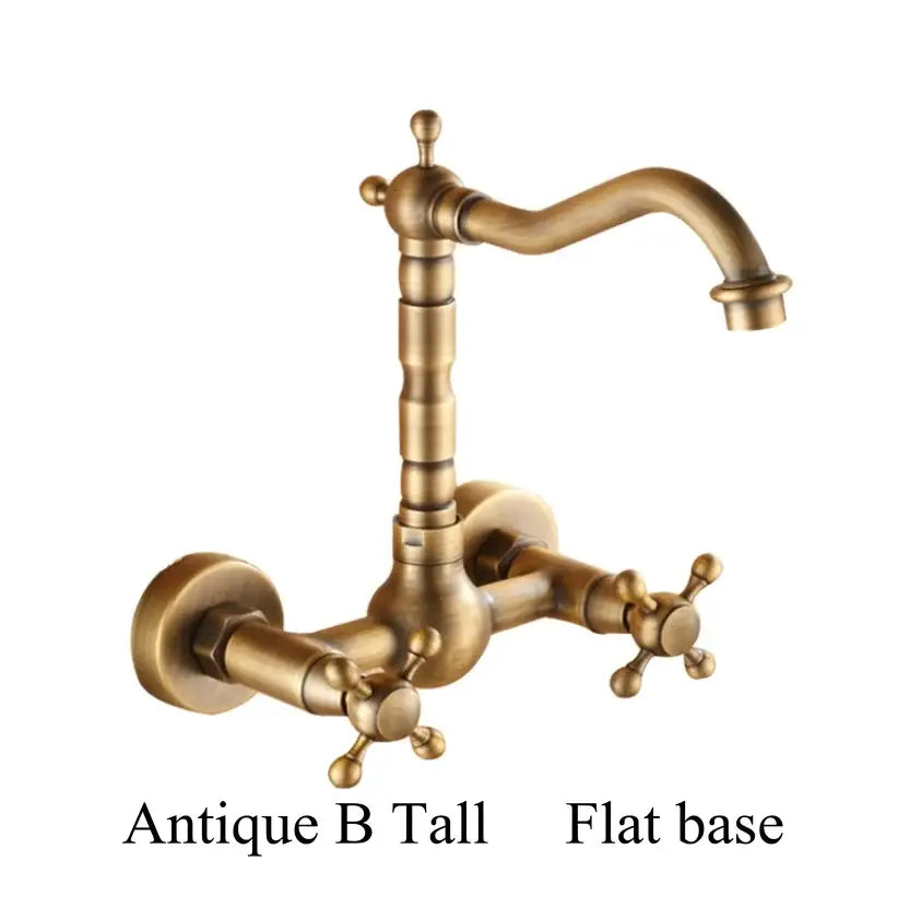 Antique brass dual handle kitchen faucet with tall curved spout and porcelain plate controls for hot water use