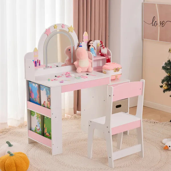 White And Pink Star And Castle Elements; MDF And Particleboard; Spray Paint, Silkscreen Printing, And Melamine Veneer; 1 Drawer, 2 Fabric Drawers, 2-tier Shelf; Children's Dressing Table Set
