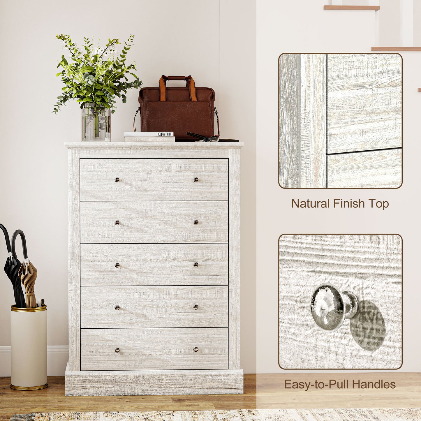 31 Wide Farmhouse Chest Of Drawers With 5 Drawers, Dresser For Bedroom With Wood Top For Living Room, Dirty Oak