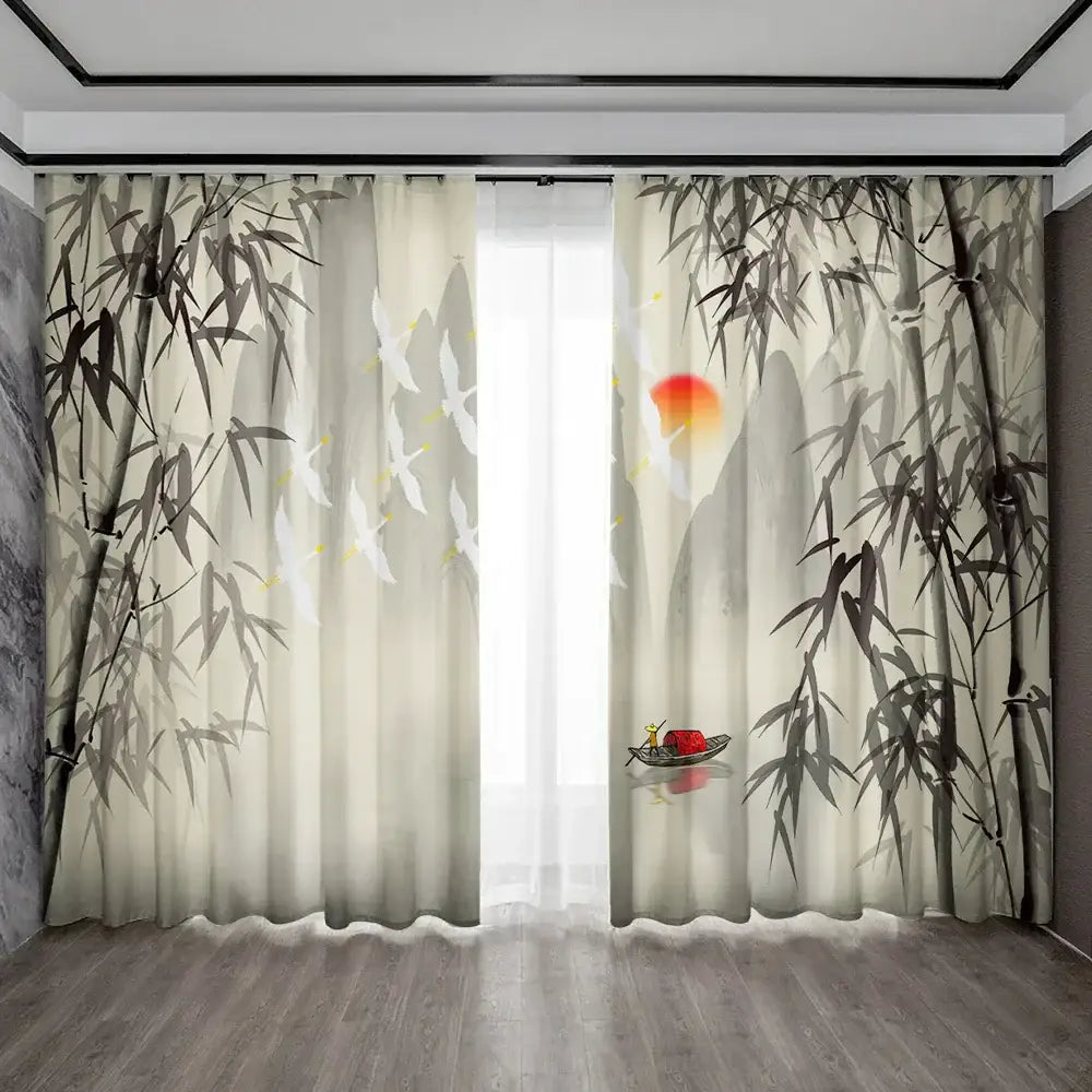 Beige sheer ink painting curtains with bamboo ink painting white birds and red sun for living room decorbites bamboo ink decor