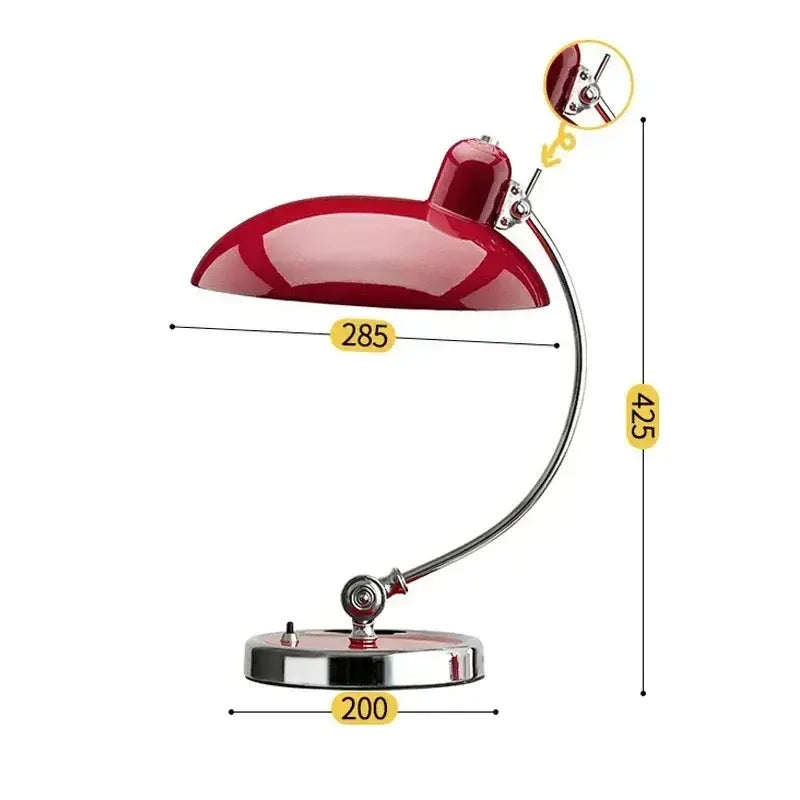 Red enamel bauhaus vintage desk lamp with curved chrome arm and base for office or bedroom lighting