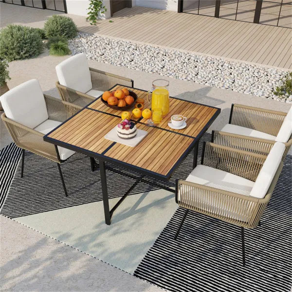 43.5" Square Acacia Wood Outdoor Table - Metal X-Frame, 4-Seater, Natural+Black, 180lbs Capacity