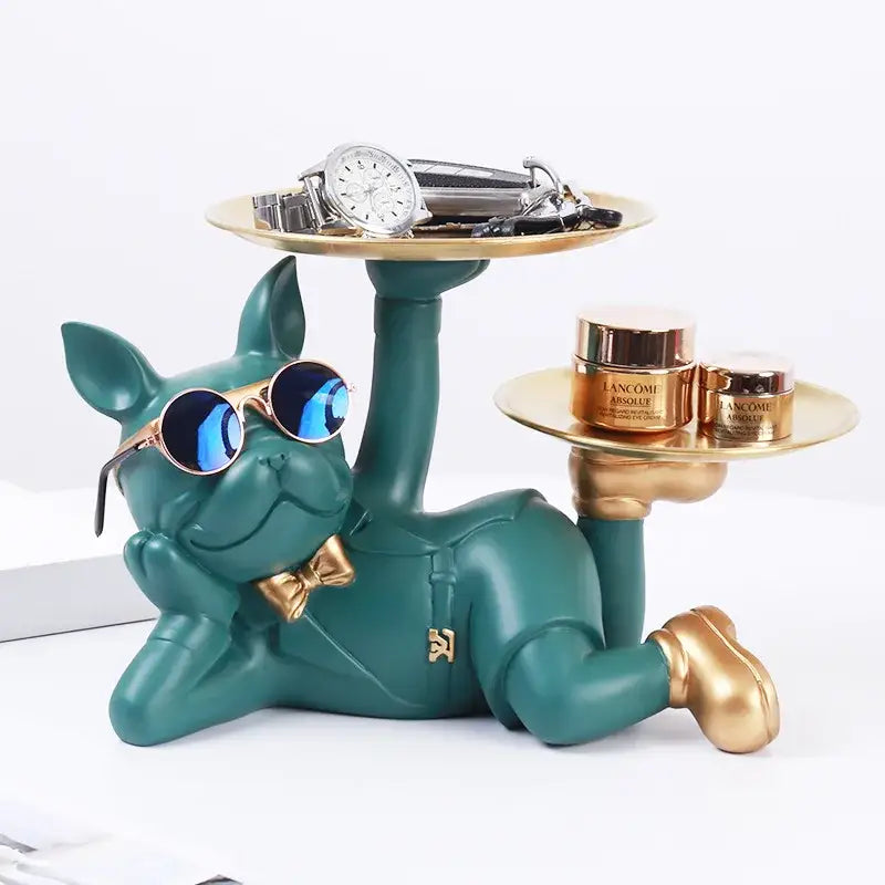 Teal and gold resin bulldog desktop storage statue with sunglasses bow tie and two gold trays for office decorbites bulldog desktop