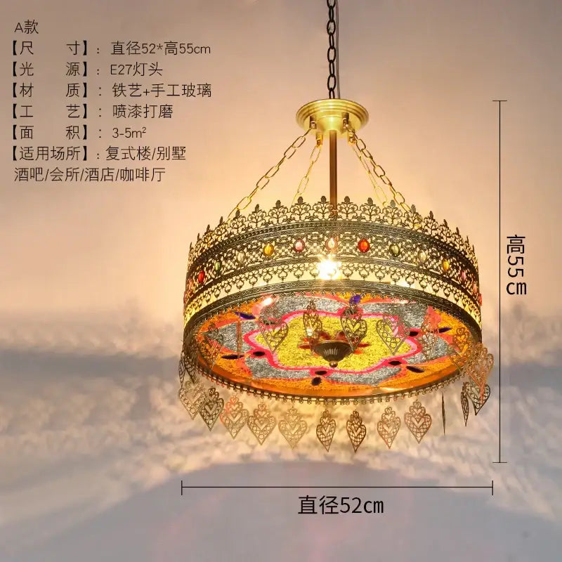 Ornate brass pendant lights with heart-shaped filigree and yellow silver mosaic glass for decorbites bohemian exotic dining room