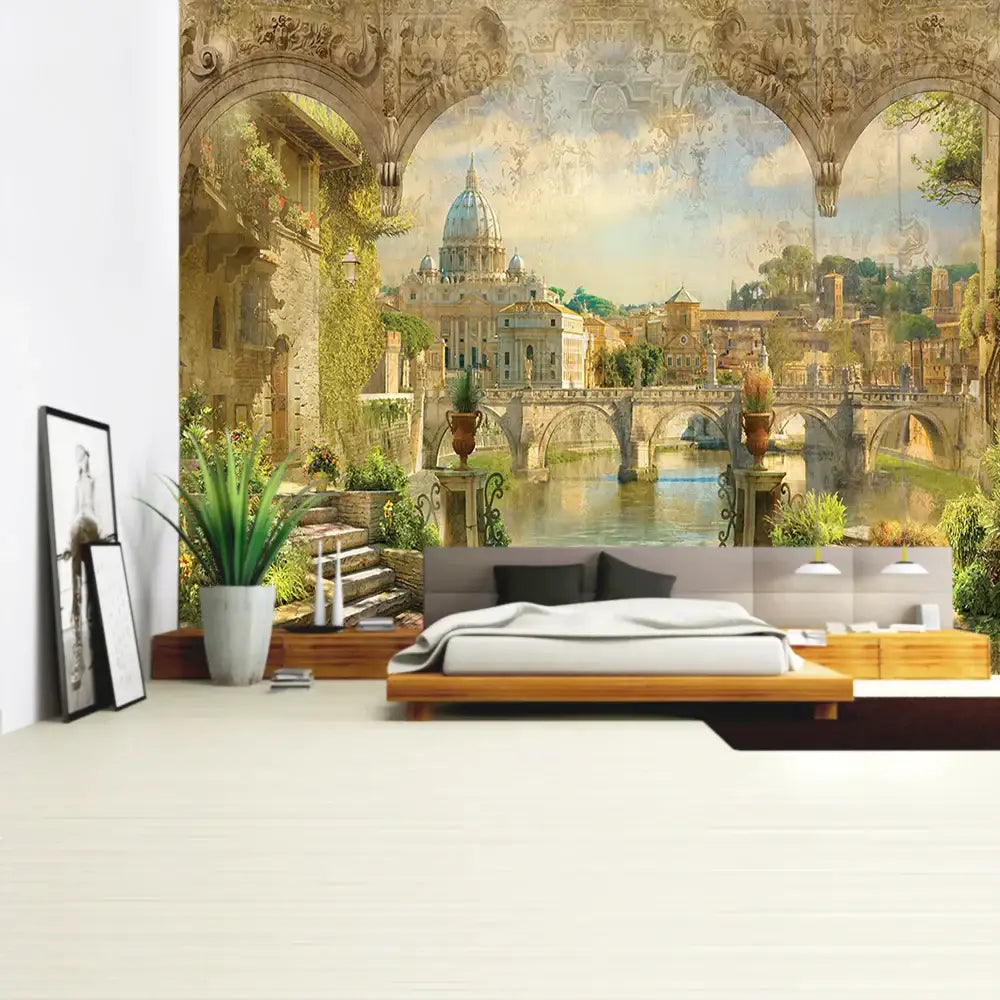 Boho green plant landscape tapestry featuring a detailed vintage european cityscape for bedroom decorbites decor