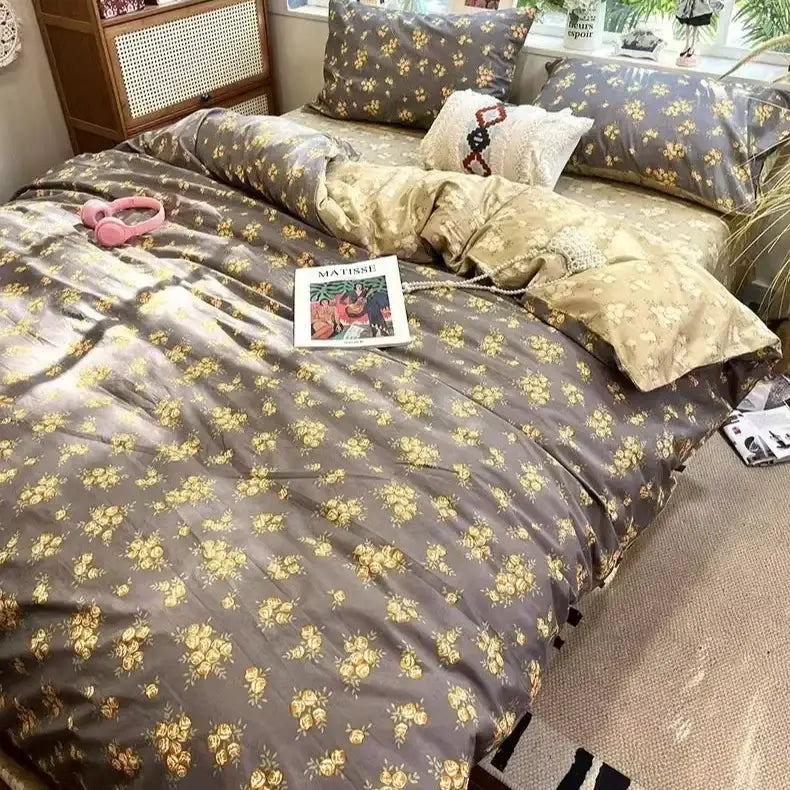Gray and gold floral patterned satin duvet set from decorbites boho pattern printed cream floral bedding set
