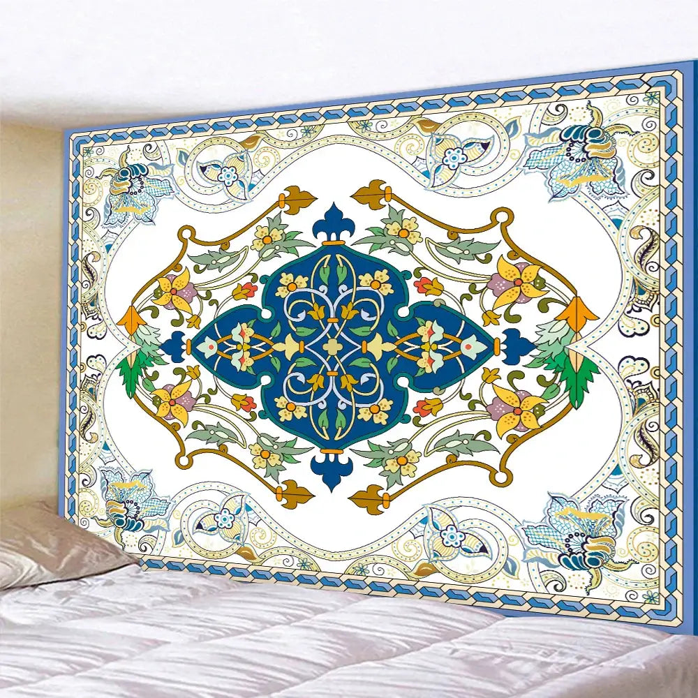 Decorbites boho tapestry set featuring a decorative gold yellow and blue floral design on white for bedroom decor