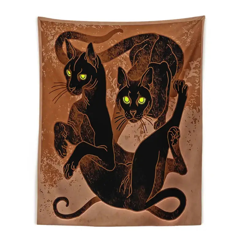 Brown cat witchcraft tapestry featuring two black cats with glowing green eyes in stylized textured bedroom decorbites cat witchcraft design