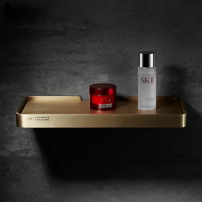 Gold-toned rectangular tray with matte finish and subtle engraving on edge for decorbites brushed gold corner shelf bathroom use
