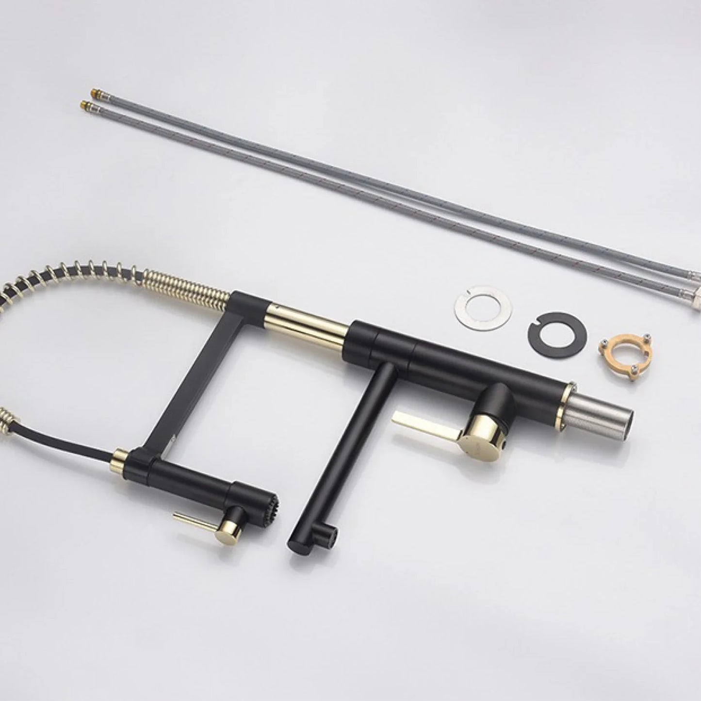 Brushed gold single hole island kitchen faucet with black and brass flexible gooseneck spout and dual handles