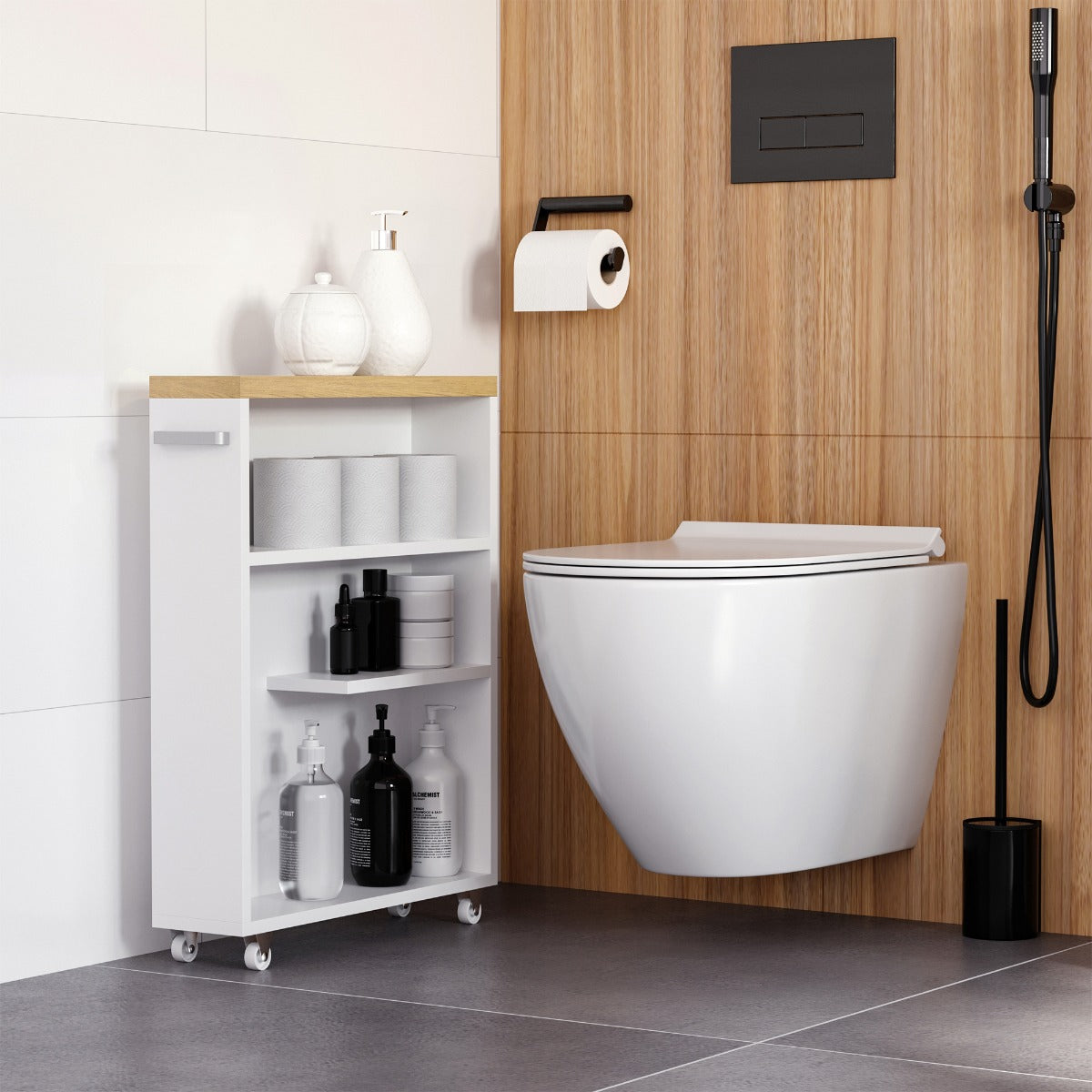 Slim Bathroom Cabinet with Castor Wheels Storage Organizer and Shelves To Fit In Small Spaces
