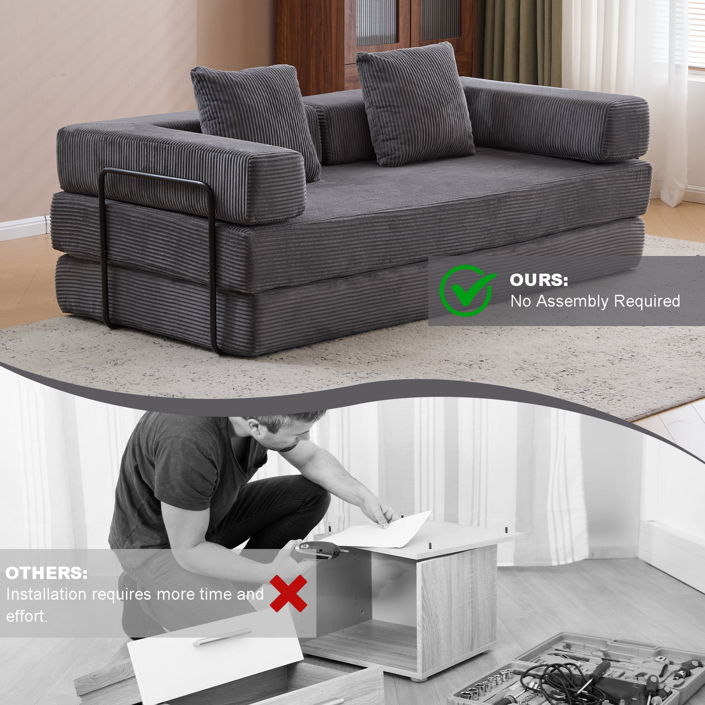 Floor Couch,Compression Sofa,Convertible Floor Sofa Bed-with Pillow Back Support Armrest,Comfy Futon Couch Lounge Sleeper Bed,Corduroy Fabric,for Living Room Bedroom Dark Grey