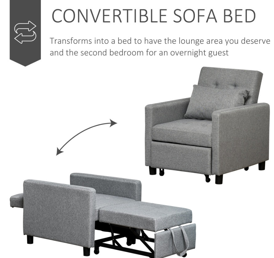 Convertible Chair Bed Grey Sofa Bed Multi-Functional Sleeper Ottoman Recliner Adjustable Backrest