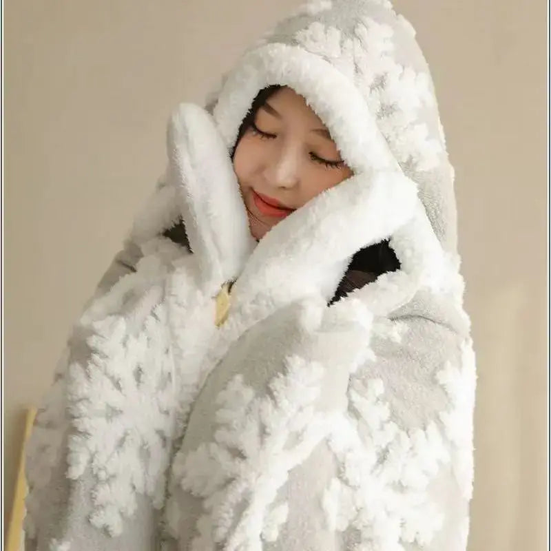 White plush coral velvet wearable blanket with snowflake pattern and hood by decorbites hooded christmas collection
