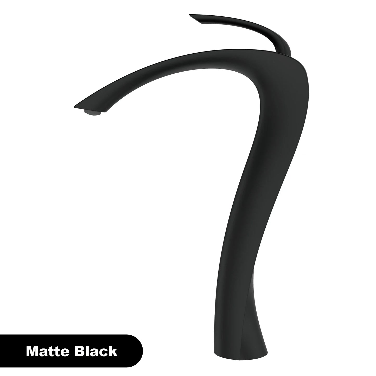 Matte black modern single hole bathroom faucet with sleek curved design, brass housing material, and cold water control
