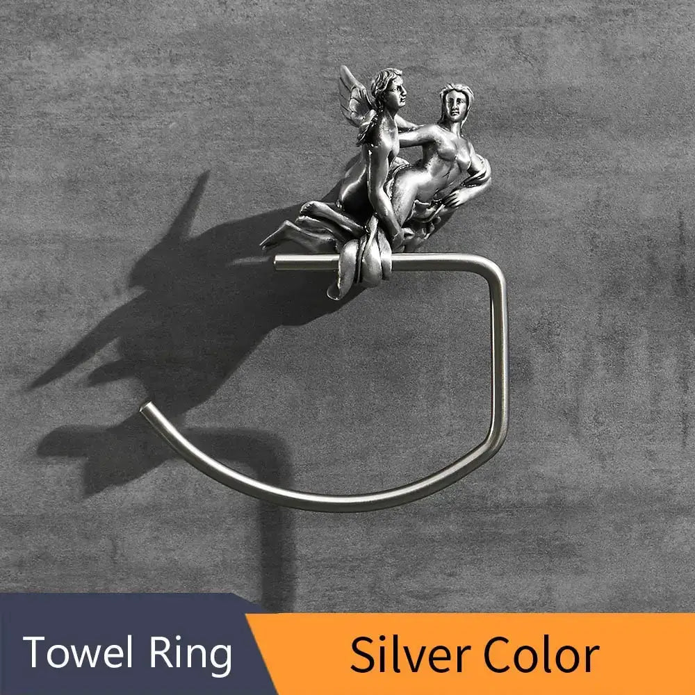 Silver-colored metal towel ring with ornate bronze-style winged figures sculptured in a romantic embrace for decorbites bronze towel rack