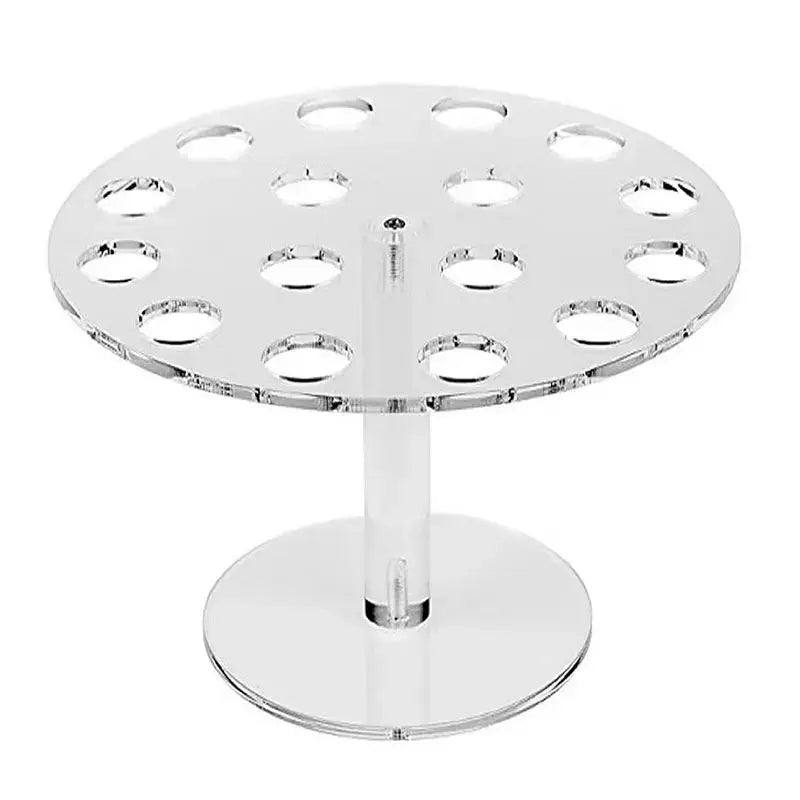 Clear acrylic circular ice cream cone holder stand with multiple evenly spaced holes for kitchen display rack