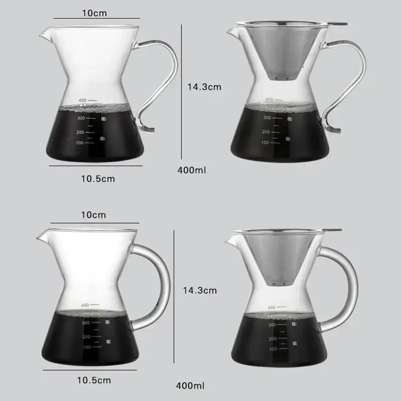 Clear glass coffee pot with stainless steel filter and measurement markings for precise brewing in kitchen coffeeware