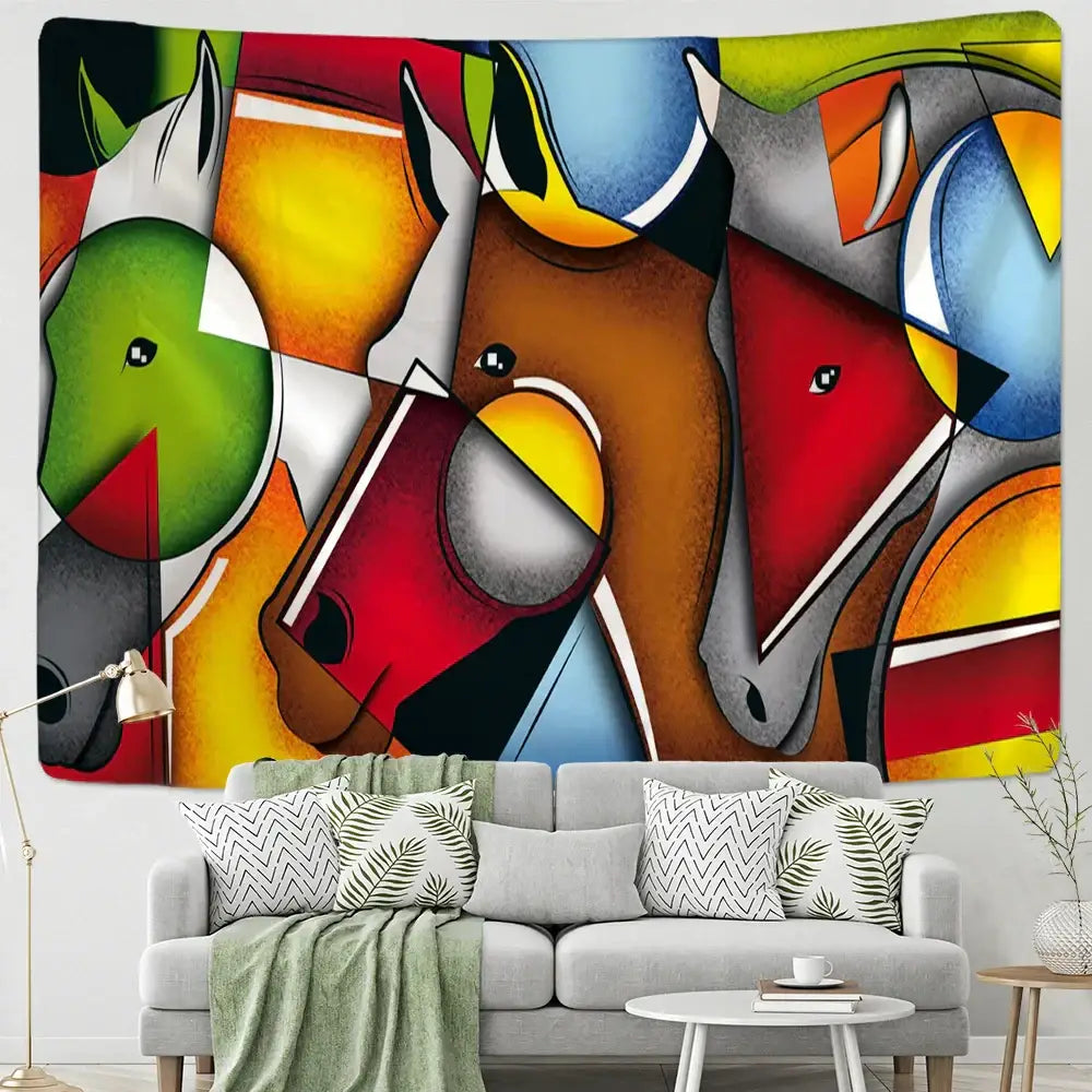 Colorful abstract horse tapestry wall hanging featuring bold geometric shapes in green, brown, red, blue, and yellow decorbites horse tapestry