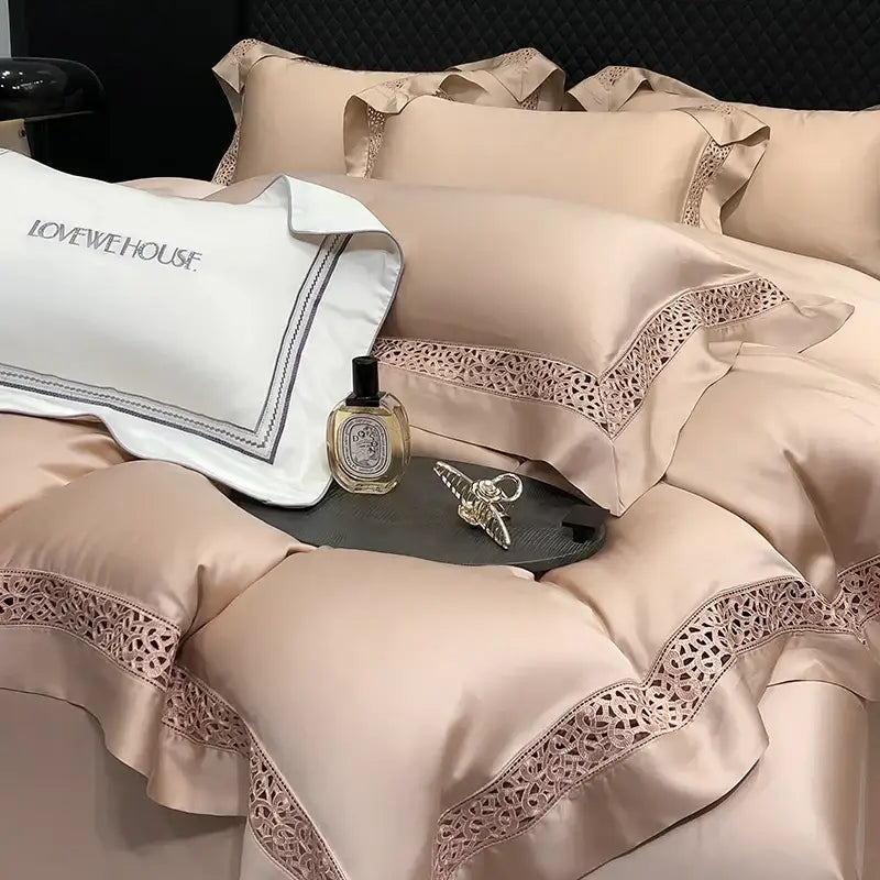 Beige satin bedding set with delicate lace trim and ruffled edges in cream eucalyptus lyocell 1000tc decorbites collection