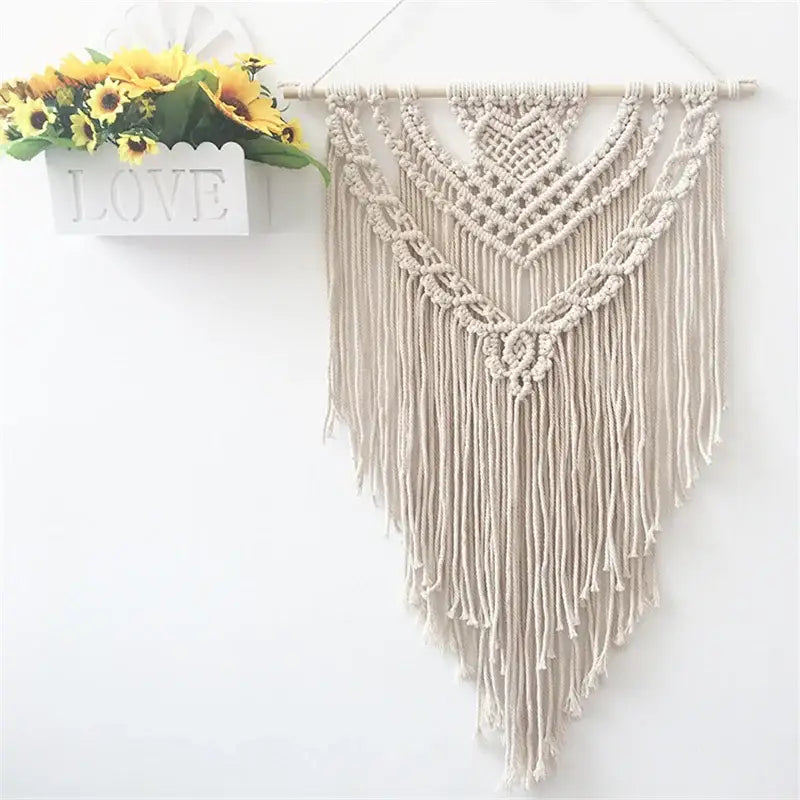 Cream and lavender cotton macrame wall hanging with intricate woven patterns and long fringe for living room decorbites colorful decor