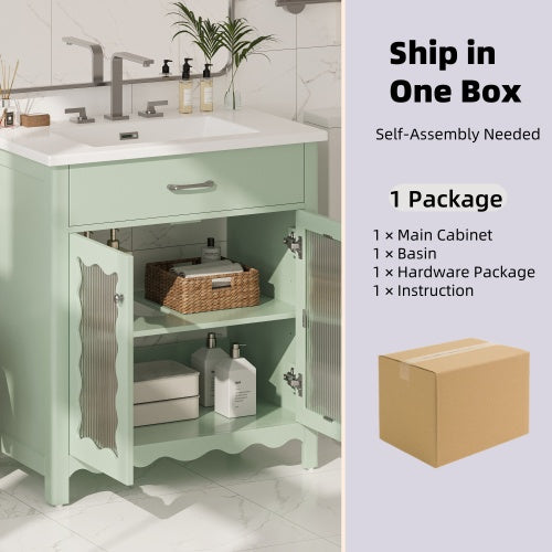 31 Bathroom Vanity With Tempered Glass, Modern Bathroom Cabinet With Rubber Wood Legs And Soft Close Doors, Green