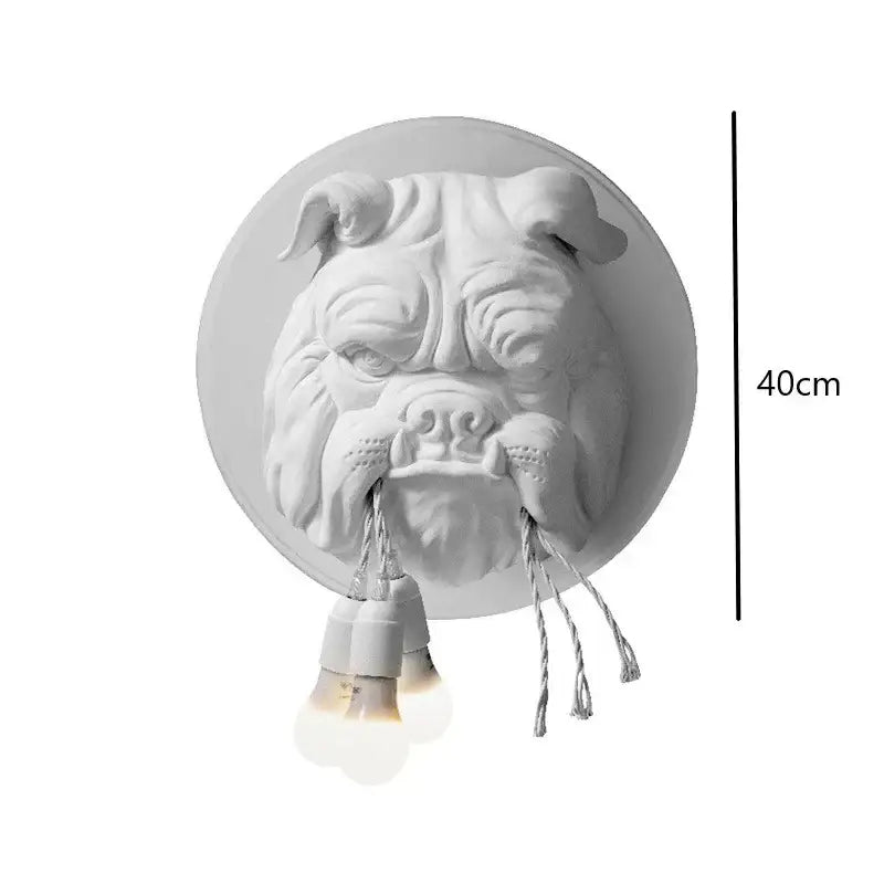 White sculpted bulldog head wall lamp with three hanging bulbs dark gray decorbites bulldog wall lamp for living room