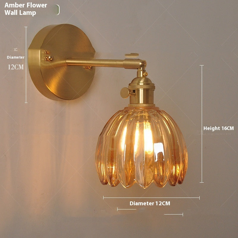 Retro Copper Glass Amber Little Flower Single-head Bedroom Simple Chandelier