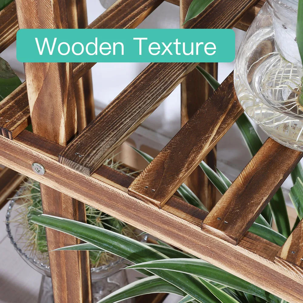 DecorBites 6-tier brown wood plant stand with natural wood grain texture for indoor and outdoor use