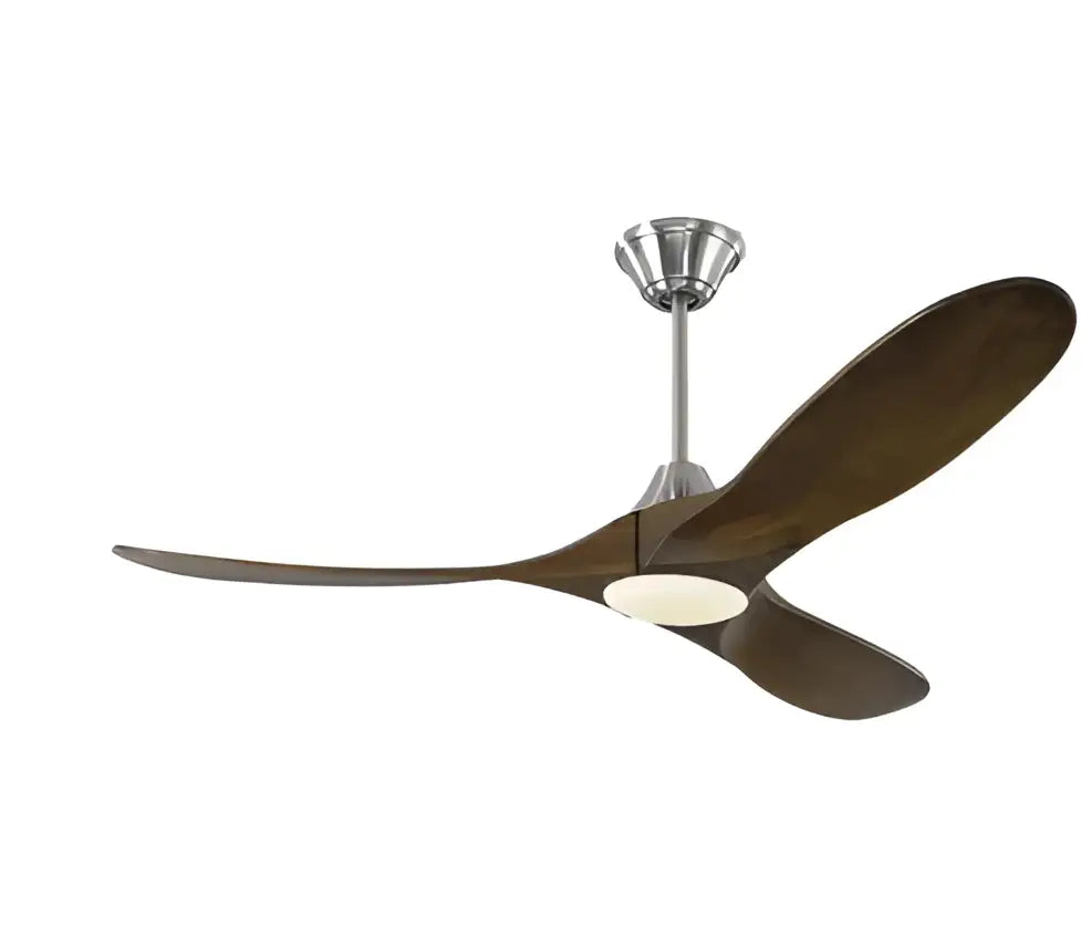 Modern ceiling fan with three dark brown wooden blades and brushed nickel finish with integrated light and remote control