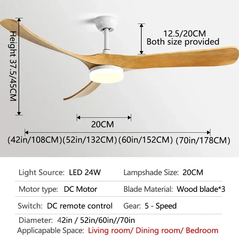 Decorbites 70 wooden ceiling fan with reversible motor features three light-colored wooden blades and white housing