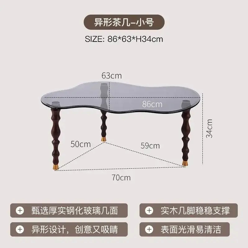 DecorBites™ 80x40cm solid wood coffee table with dark gray curved glass top and ornate wooden legs for living room