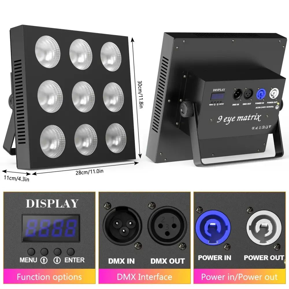 Black 9-eye cob matrix led stage light panel with nine circular bulbs and dmx ports for power and control connections