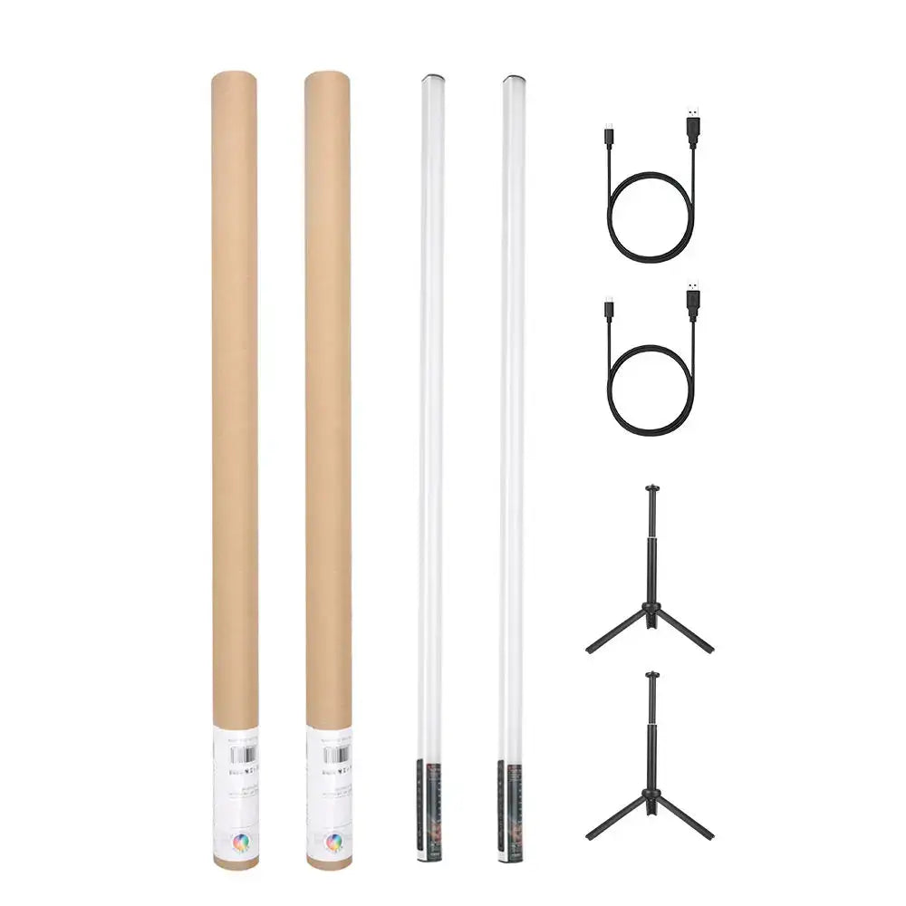 Two translucent white decorbites lighting sticks with black usb cables and adjustable tripod stands for mood lighting