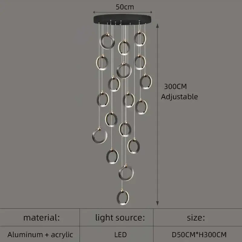 Modern black aluminum led chandelier with silver rings and adjustable height for staircase and attic lighting
