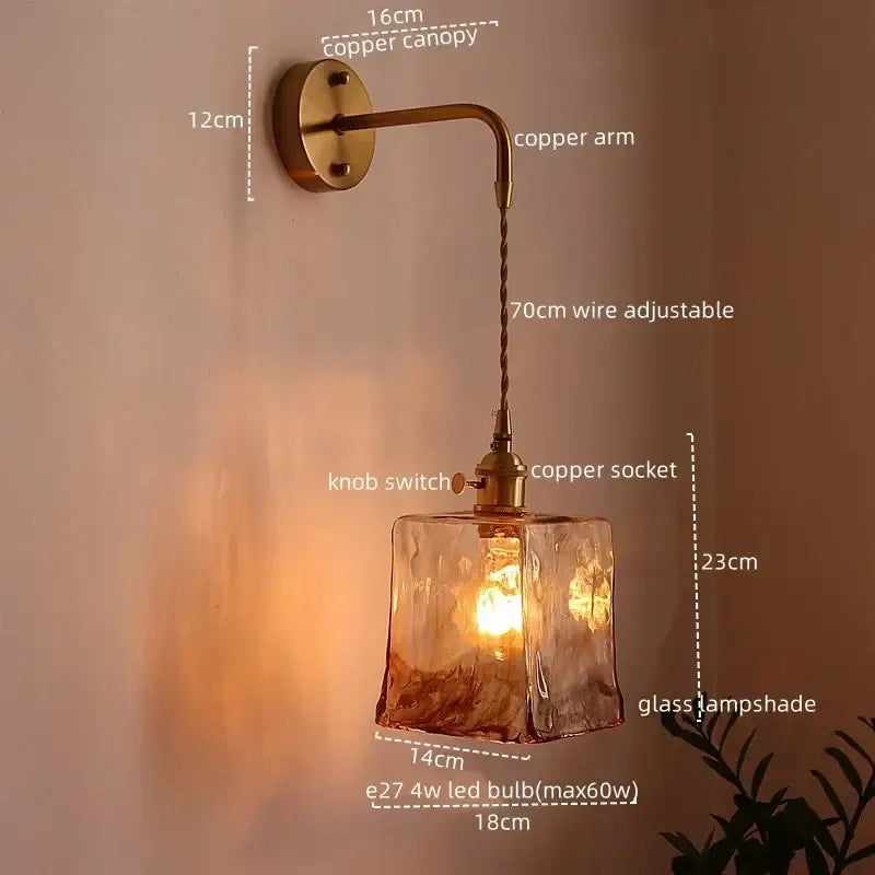 Copper-finished DecorBites amber glass LED wall lamp with textured amber glass shade for living room and bathroom lighting