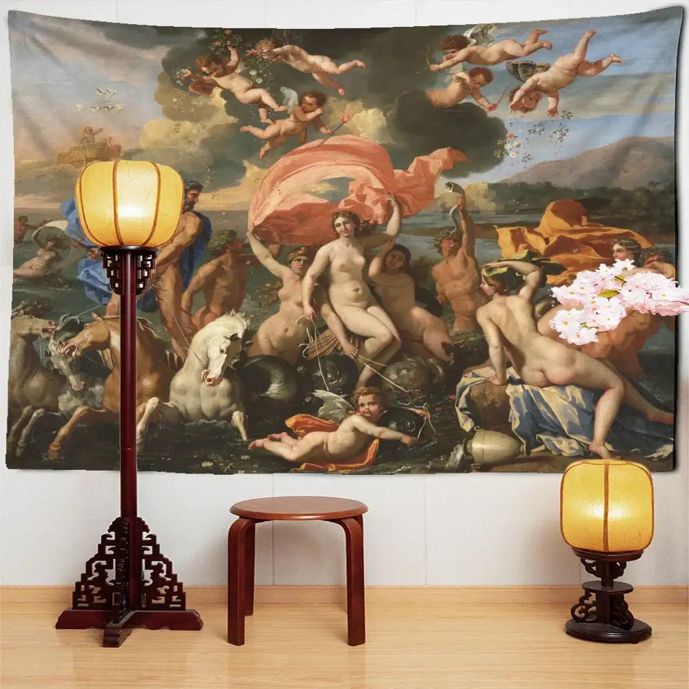 A warm glowing yellow paper lantern with dark wooden stand complementing decorbites™ beauty misty oil tapestry