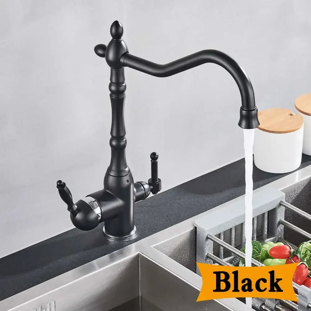Black matte kitchen filter faucet with antique brass finish and dual handles in vintage-inspired design by DecorBites